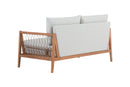 sofa 2 lugares trance cedro e tecido bege de trás diagonal em fundo branco