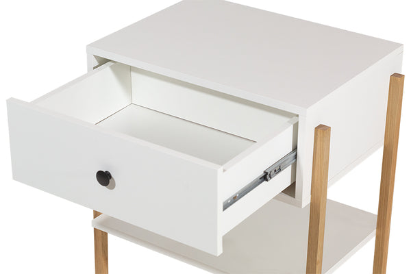 Mesa de cabeceira 1 gaveta leda branco com branco tauari com gaveta aberta