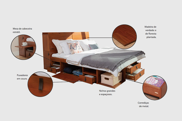 detalhes cama de madeira com gavetas bali