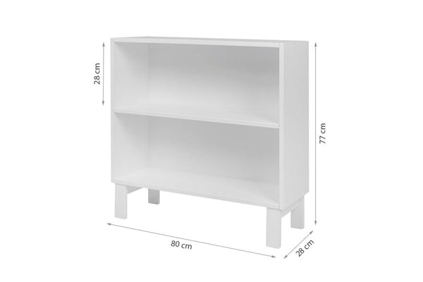 estante para livros organizadora 2 prateleiras tools branco giz em fundo infinito com medidas importantes descritas na imagem