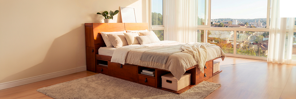 Cama confortável com compartimento de madeira