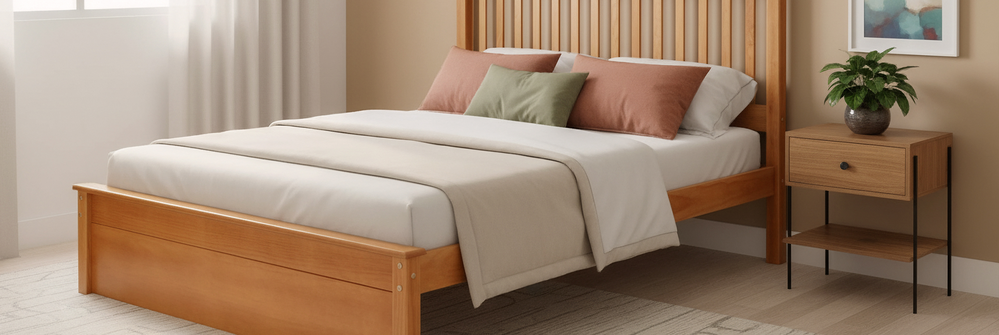 Cama de madeira queen size vale cor âmbar