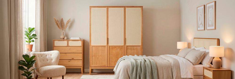 Guarda-roupa de 3 postas Serena em um ambiente de quarto com cômoda Serena cama com cabeceira e mesa de cabeceira.