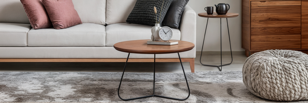 Sala de estar com mesa de centro e mesa lateral jade