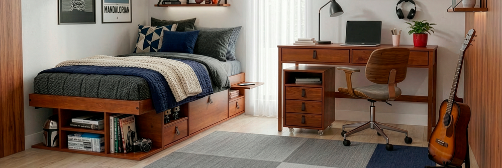 Quarto com cama de solteiro Bali na cor caramelo