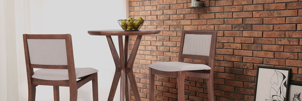 Churrasqueira com mesa alta bistrô e banqueta alta margot na cor amêndoa