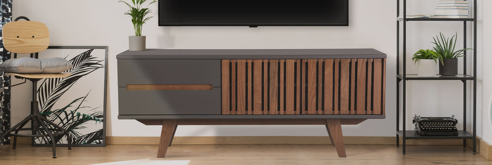 Sala de estar com rack para tv 1,65 m panteon na cor grafite