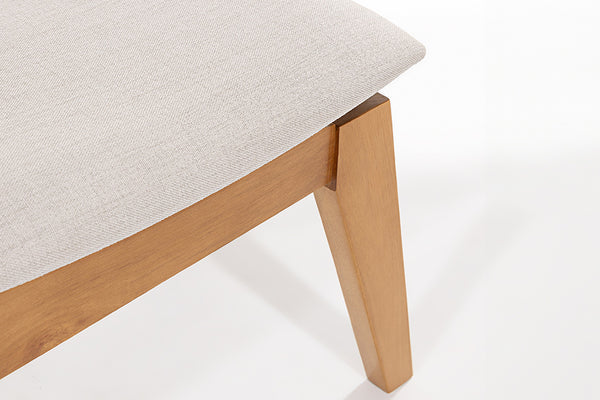 Banco de Madeira 2 lugares Aconchego 110x42 cm Mel e Tecido Creme detalhe base e tecido