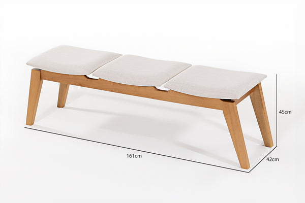 Banco de Madeira 3 lugares Aconchego 161x42 cm Mel e Tecido Creme medidas ou cotas