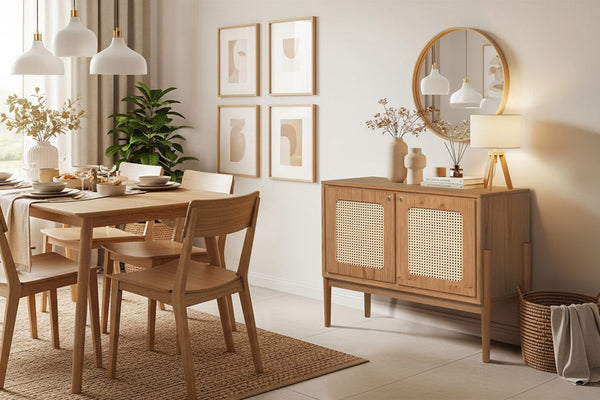 Buffet de Madeira 2 Portas com Tela Grace, ambientado em uma sala de jantar moderna com mesa, cadeiras, espelho redondo e decoração acolhedora.