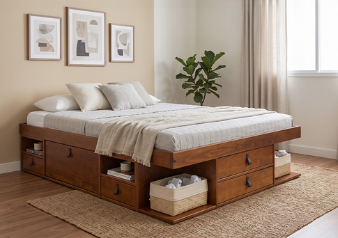 Cama multifuncional com gavetas e nichos