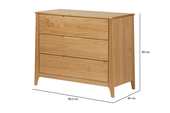 Cômoda para Quarto 3 Gavetas Lice Mel visto em perspectiva com medidas