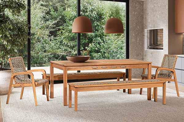 Conjunto Mesa 8 lugares 2 banco e 2 cadeiras Trama - Jatobá e Corda Rami