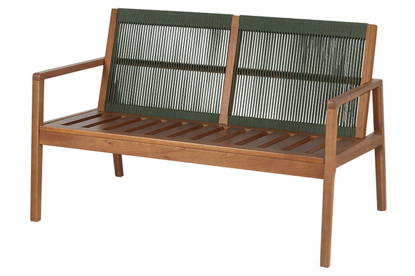 sofa 2 lugares oliva amêndoa e corda verde visto na diagonal em fundo branco sem almofada