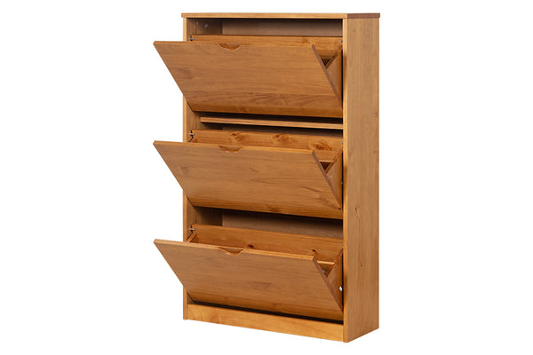 Sapateira de gaveta Liz cor nozes vista na diagonal em fundo branco com gavetas abertas