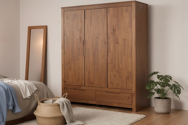 Guarda-Roupa 3 Portas e 2 Gavetas Sintonia - Amêndoa ambientado no quarto