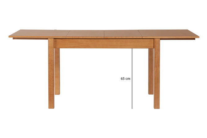 Mesa de Jantar Extensível Euro Nozes no fundo branco vista de frente com dois extensores com medida da altura 