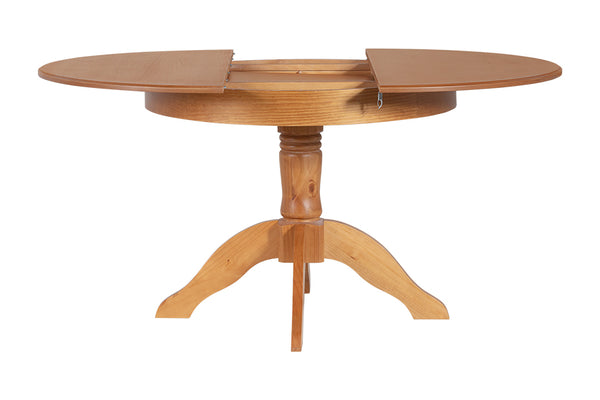 Mesa de Jantar Redonda Extensível Tea Nozes no fundo branco visto de frente com tampo aberto