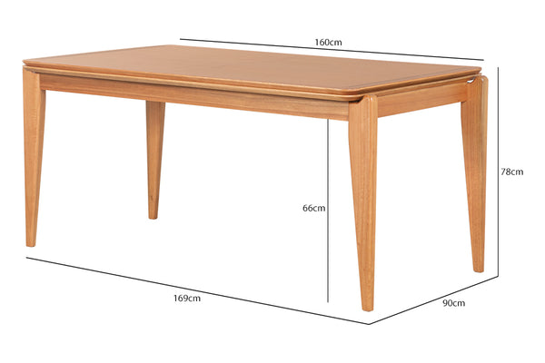 Mesa de Jantar de Madeira 6 Lugares Coimbra 160x90 cm Mel vista na diagonal com medidas