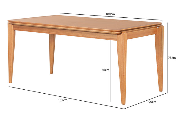 Mesa de Jantar de Madeira 6 Lugares Coimbra 180x90 cm Mel vista na diagonal com medidas