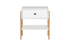 Mesa de cabeceira 1 gaveta leda branco e tauari vista de frente em fundo branco