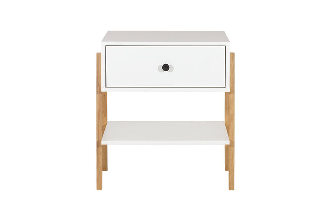 Mesa de cabeceira 1 gaveta leda branco e tauari vista de frente em fundo branco