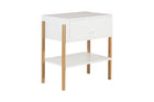 Mesa de cabeceira 1 gaveta leda branco e tauari vista de tras em fundo branco