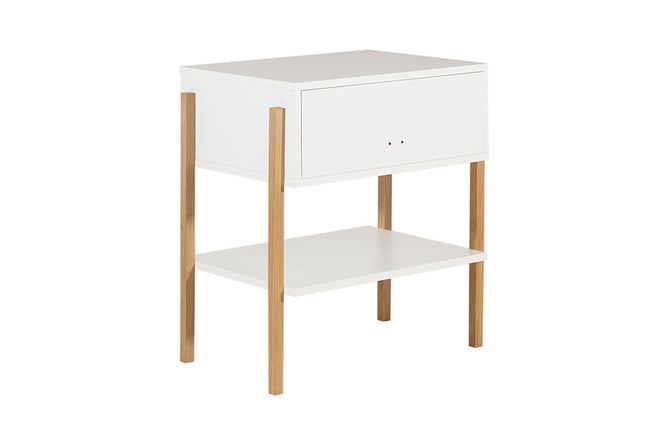 Mesa de cabeceira 1 gaveta leda branco e tauari vista de tras em fundo branco