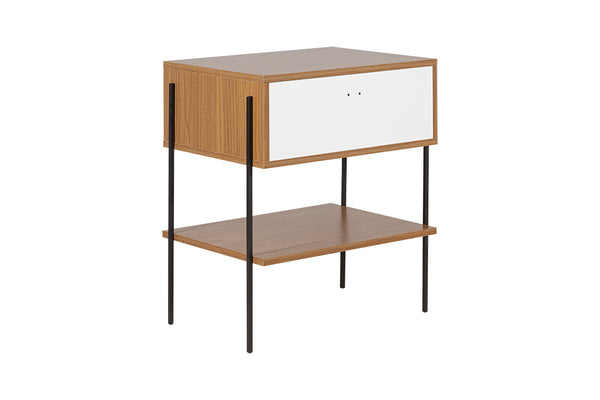 Mesa de cabeceira 1 gaveta leda freijó e metal vista de tras em fundo branco