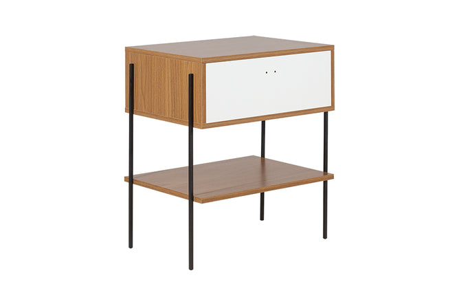 Mesa de cabeceira 1 gaveta leda freijó e metal vista de tras em fundo branco