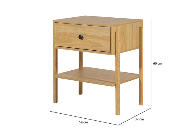 Mesa de cabeceira para quarto leda dual e tauari vista na diagonal com medidas descritas na imagem