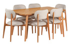 Mesa de madeira 6 lugares maria cor nozes com 6 cadeiras maria ao redor em fundo branco
