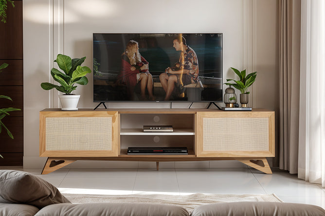 Rack 180 cm yono cor freijó e rattan ambientado na sala de estar com TV em cima