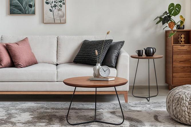 Sofá 3 lugares Chanfrê linho ambientado na sala de estar com mesa de centro e mesa lateral Jade