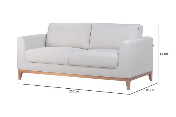 Sofá 3 lugares chanfrê 210 cm bege em fundo branco com medidas escritas na imagem