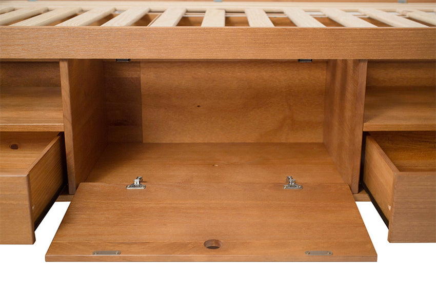 cama multifuncional de casal doce de leite escovado detalhe nicho lateral