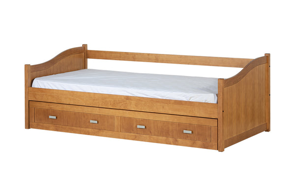 bicama solteiro modulo nozes vista pela diagonal com colchao lencol com cama debaixo fechada