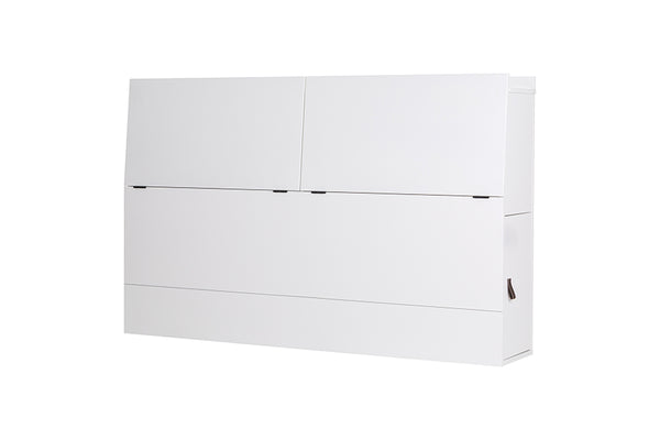 foto da cabeceira casal para cama bali na cor branco giz vista na diagonal com portas fechadas em fundo branco