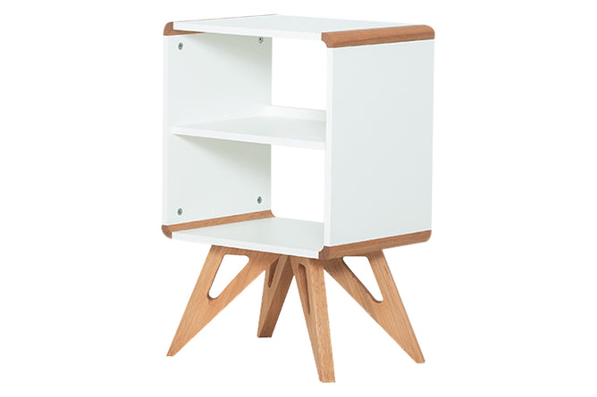 mesa de cabeceira para quarto baori branco e jatobá visto em diagonal