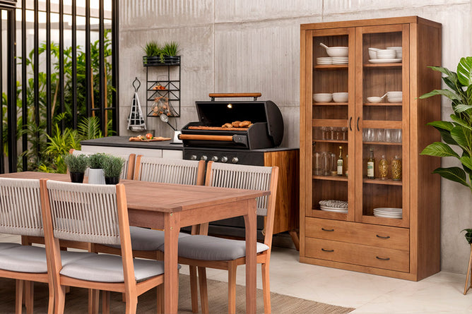 mesa de jantar 6 lugares bertioga com cadeiras gourmet e cristaleira euro ambientados na area gourmet