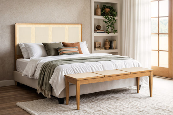 banco 3 lugares serena e cabeceira de casal serena ambentadas no quarto