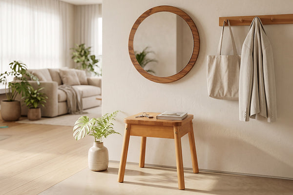 banqueta baixa baviera e espelho aro 65cm ambientados no hall de entrada