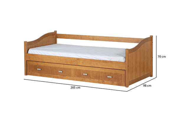 bicama solteiro modulo nozes vista pela diagonal com colchao lencol com cama debaixo fechada com medidas