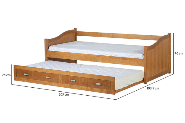 bicama solteiro modulo nozes vista pela diagonal com cama debaixo aberta com medidas descritas na imagem