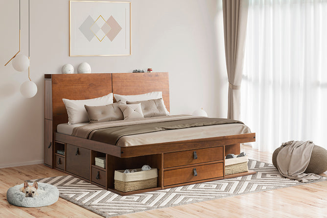 cabeceira de queen bali caramelo ambientada com cama em quarto
