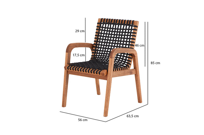 cadeira para cozinha com braco trama jatoba e corda preta em fundo infinito com medidas importantes descritas na imagem