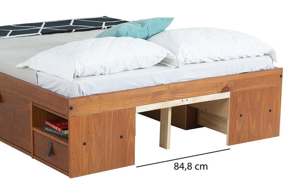 cama bali de queen caramelo em fundo branco detalhe cabeceira