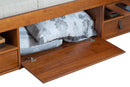 cama bali de queen caramelo em fundo branco detalhe gavetão