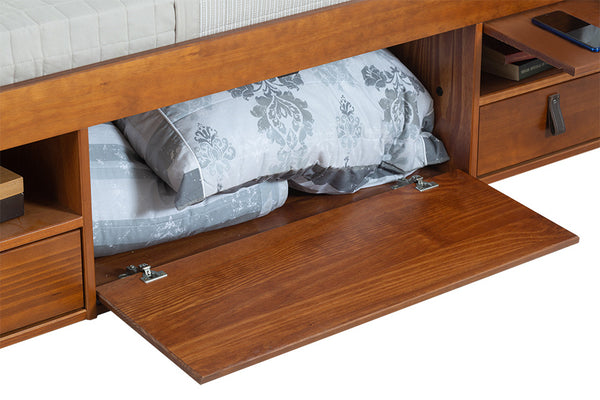 cama bali de queen caramelo em fundo branco detalhe gavetão
