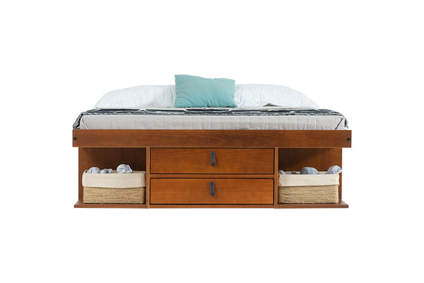 cama bali de queen caramelo em fundo branco vista frontal